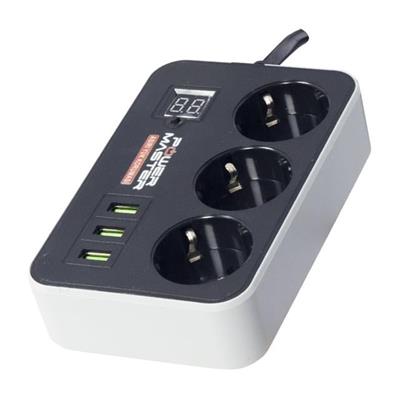 Powermaster 3 Usb Çıkışlı Dijital Ekranlı 10A-2500 W Siyah 1.8 Metre Kablolu 3lü Akım Korumalı Priz PM-18530