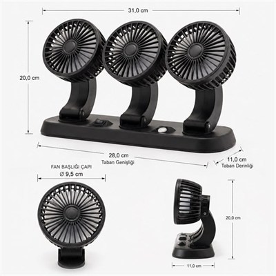 Powermaster FAN40 Araç İçi Vantilatör Fanı 12 Volt Çakmaklık Girişli 3 Başlıklı 360 Derece