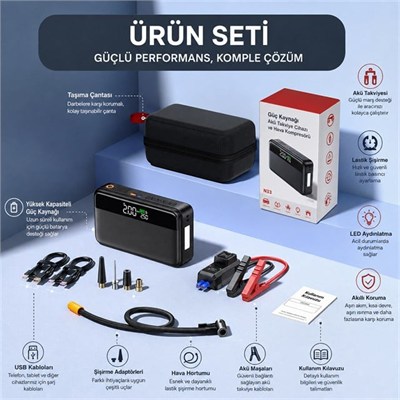 Powermaster N33 Lastik Hava Kompresörlü Akü Takviye Cihazı 65W Fast Powerbank
