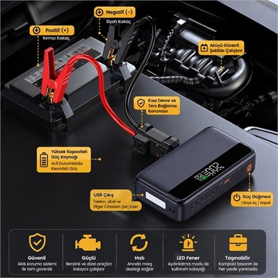 Powermaster N33 Lastik Hava Kompresörlü Akü Takviye Cihazı 65W Fast Powerbank