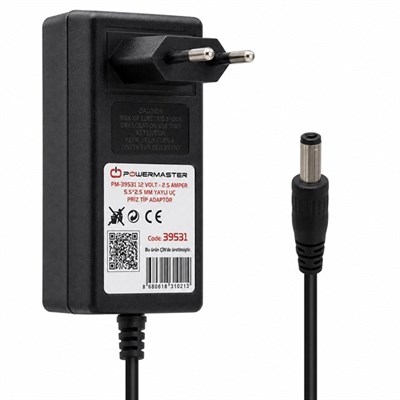 Powermaster PM-39531 Siyah 12 Volt - 2.5 Amper Plastik Kasa 5.5*2.5 Mm Yaylı Uç Priz Tipi Adaptör