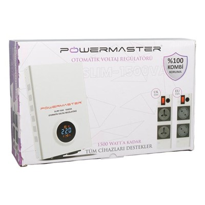 Powermaster SLIM-1500 Otomatik 1500VA Kombi Voltaj Regülatörü (İngiliz Fişli ve Evrensel Çoklu Soketli)