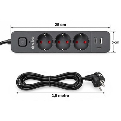 S-Link SPG03U 2 Usb + 1 Type C 5V2.4A 3X1.0mm Bakır 1.5M Kablo 750 Joule 3lü Anahtarlı Siyah Akım Korumalı Priz