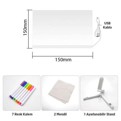 Sunup SN-27126 Dekoratif LED Aydınlatmalı Şeffaf Işıltılı Yazı - Çizim Panosu Tableti - 7 Renk Kalemli Set