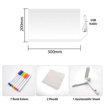 Sunup SN-27128 Dekoratif LED Aydınlatmalı Şeffaf Işıltılı Yazı - Çizim Panosu Tableti - 7 Renk Kalemli Set