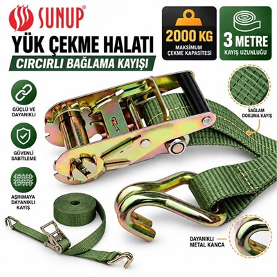 Sunup SN-37783 3 Metre Yük Çekme Halatı Cırcırlı Bağlama Kayışı Spanzet 2000KG