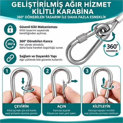 Sunup SN-38106 2 Metre Çelik Köpek Bağlama Halatı Kilitli Karabina PVC Kaplamalı