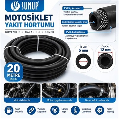 Sunup SN-38807 20 Metre 12mm Motosiklet Araç Yakıt Hortumu Rulo Esnek Güçlendirilmiş