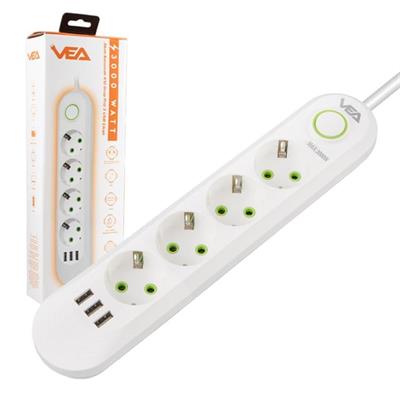 Vea VA-21560 4lü 3 USBli 1.5 Metre Akım Korumalı Priz Beyaz
