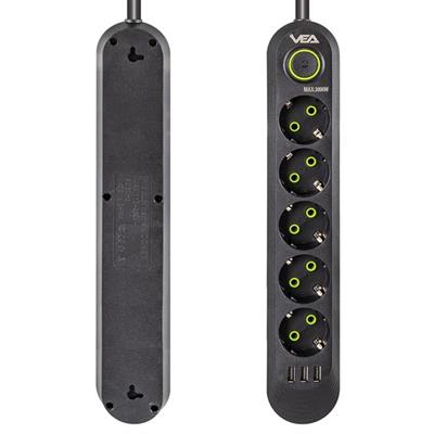 Vea VA-21561 5li 3 USBli 1.5 Metre Akım Korumalı Priz Siyah