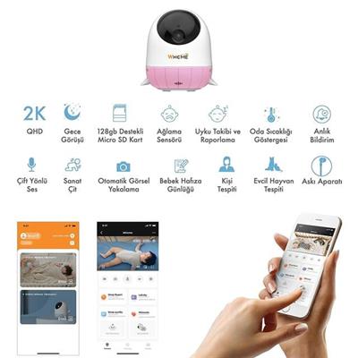 Whome Yapay Zeka Destekli 2K PTZ Gece Görüşlü Pembe Wifi Bebek Güvenlik Kamerası (128 GB TF Kart Destekli)
