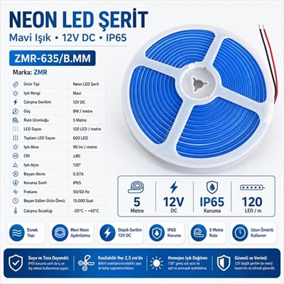 ZMR ZMR-635/B.MM Neon LED Şerit Mavi 12 Volt 120 LEDli 5 Metre