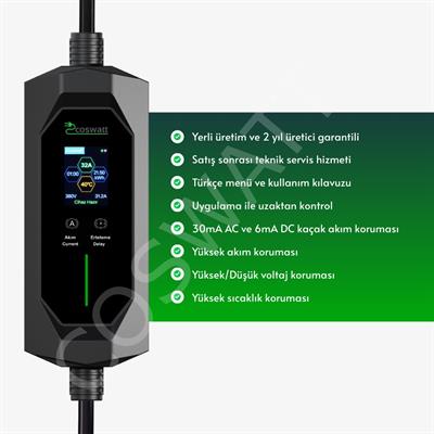 Coswatt Taşınabilir EV Şarj Cihazı CS-P3-32A / 22kW / 5M / Türkçe Menü / 380V AC / 5x32A CEE Fiş / Ev Tipi Priz Adaptörü / Taşıma Çantası