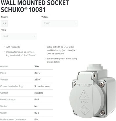 Mennekes 10081 Duvar Tipi Priz SCHUKO 16A 230V IP44