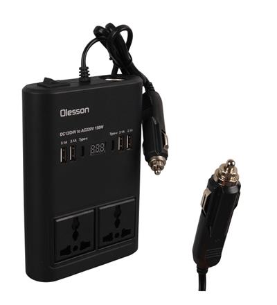 Olesson 1662 DC 12-24V 150W Oto Araç Power İnverter Ek Çakmak Girişi - 2x TYPE-C - 4x USB - 2x 220V Üniversal Priz
