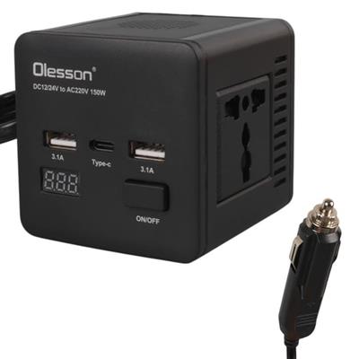 Olesson 1663 DC 12-24V 150W Oto Araç Power İnverter TYPE-C - Çift USB - 220V Üniversal Priz Girişli