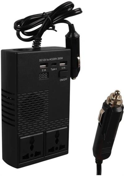 Olesson 1664 DC 12-24V 200W Oto Araç Power İnverter 1x Çakmak Girişi - 1x TYPE-C - 2x USB - 2x 220V Üniversal Priz