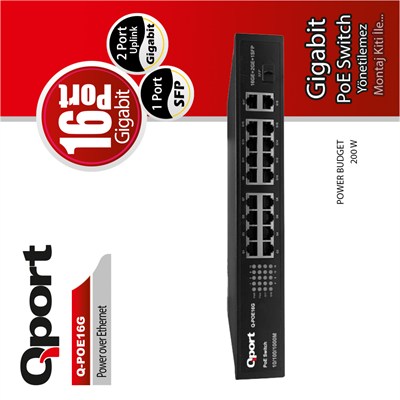 Qport Q-POE16G 16 Port 10/100/1000 2 Port 10/100/1000 Uplink 1 Port SFP POE Switch