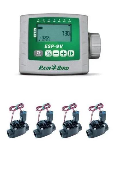 Rain Bird ESP‑9V Pilli Kontrol Ünitesi ve Solenoid Vana Seti – 4 İstasyon / 4 Vana