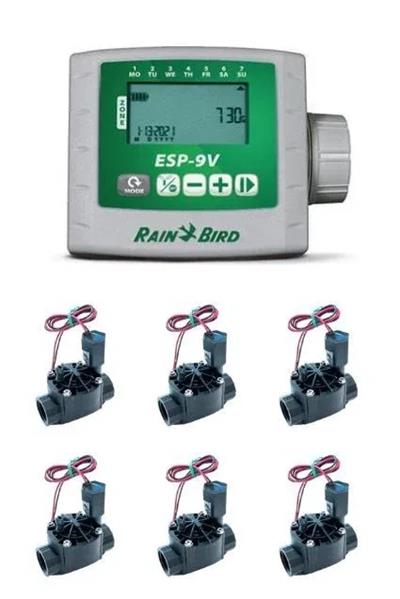 Rain Bird ESP‑9V Pilli Kontrol Ünitesi ve Solenoid Vana Seti – 6 İstasyon / 6 Vana