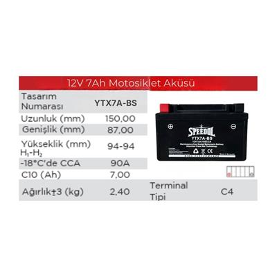 SPEEDOL SP-YTX7A-BS MOTOSIKLET AKUSU (AGM TEKNOLOJISI) 12V7AH/105CCA