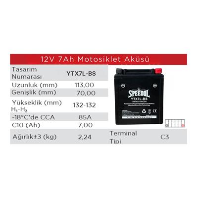 SPEEDOL SP-YTX7L-BS MOTOSIKLET AKUSU (AGM TEKNOLOJISI) 12V7AH/100CCA