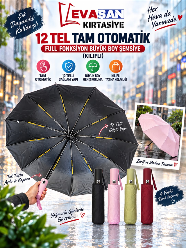 12 TEL TAM OTOMATİK BÜYÜK BOY ŞEMSİYE (KILIFLI)