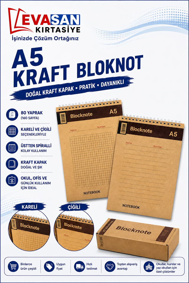 A5 80 YP ÜSTTEN SPİRALLİ KARELİ KRAFT BLOKNOT PK:12 Lİ
