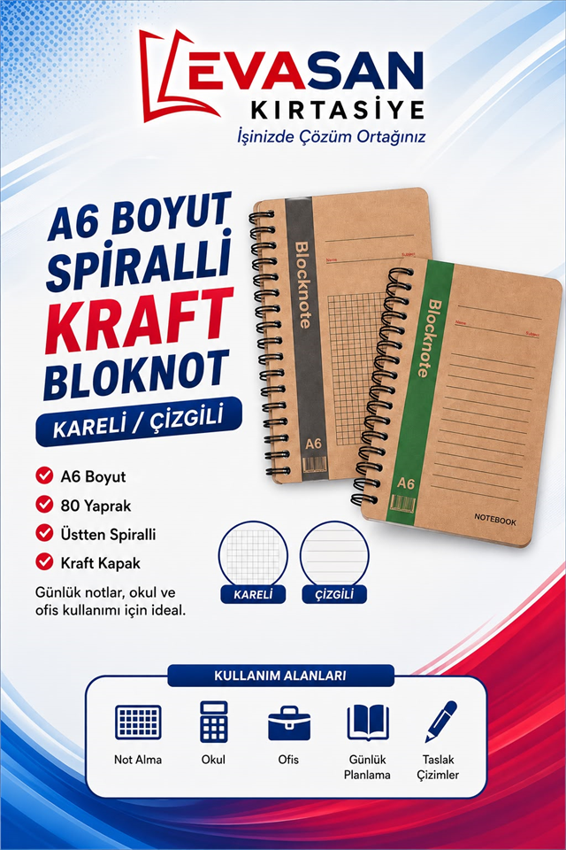 A6 80 YP  SPİRALLİ KARELİ  KRAFT BLOKNOT PK:12 Lİ 