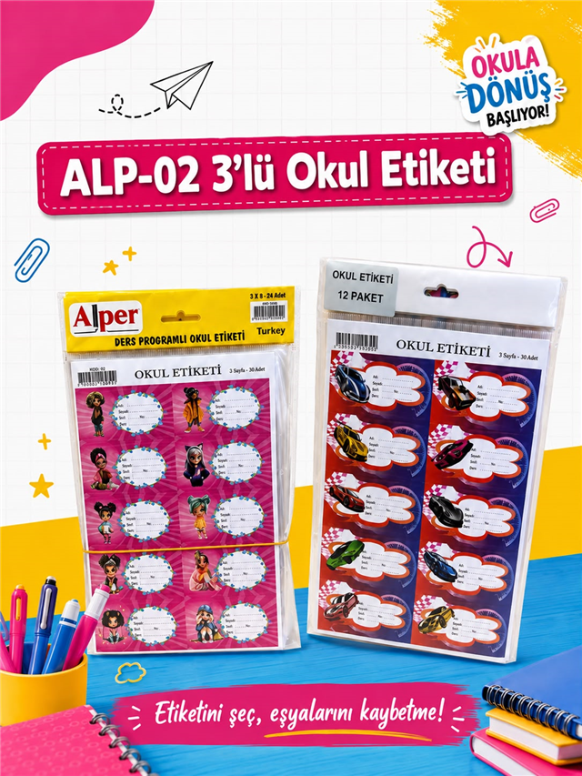 ALP-02 3 LÜ OKUL ETİKETİ PK: 12 Lİ