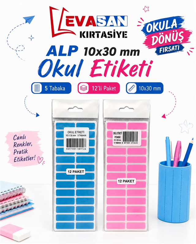 ALP RENKLİ 10X30 MM OKUL ETİKETİ 5 TABAKA PK:12 Lİ 