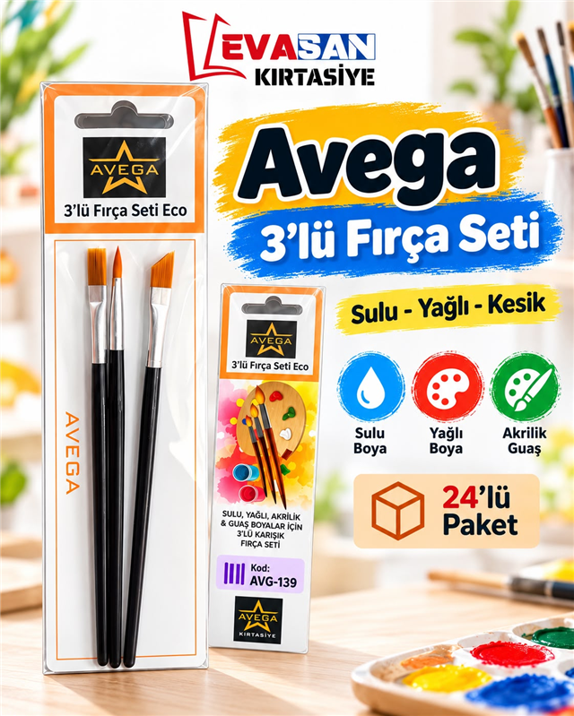 AVG-139 FIRÇA SETİ 3 LÜ (SULU-YAĞLI-KESİK)  PK:24 LÜ 