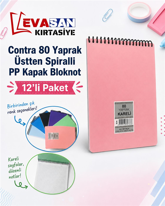 CONTRA 80 YAPRAK KARELİ ÜSTTEN SİPRALLİ PP KAPAK BLOKNOT