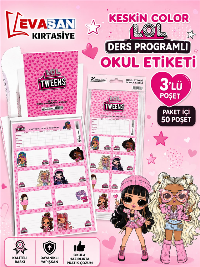 KESKİ COLOR LOL DERS PROGRAMLI 3 LÜ OKUL ETİKETİ PK:50 Lİ 