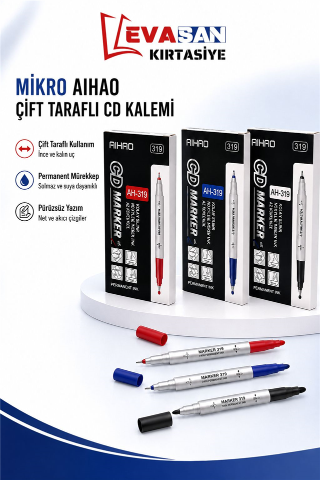 MİKRO AH-319 AIHAO ÇİFT TARAFLI CD KALEMİ SİYAH PK:12 Lİ 
