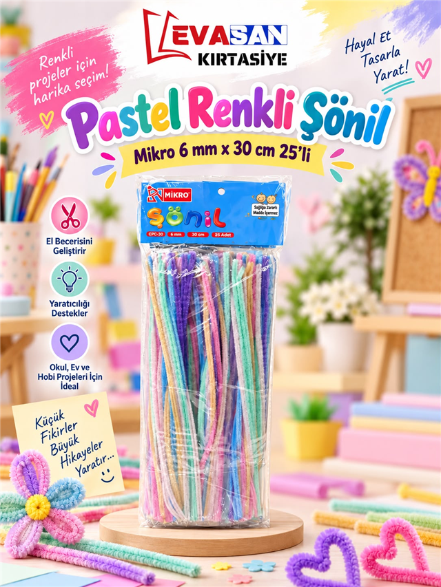 MİKRO CPC-30 PASTEL RENKLİ ŞÖNİL 30 CM 25 Lİ 