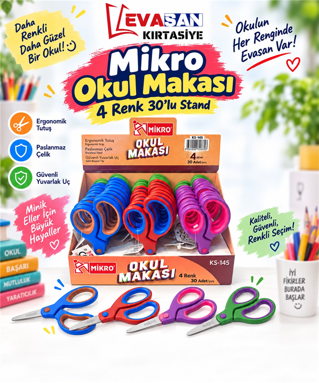 MİKRO KS-145 OKUL MAKASI 30 LU STAND 