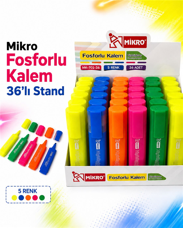 MİKRO MK-701-36 FOSFORLU KALEM 36 LI STAND 5 RENK 