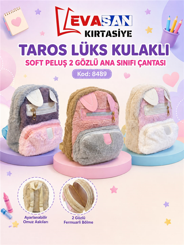 TAROS 8489 LÜKS KULAKLI SOFT PELUŞ 2 GÖZLÜ ANASINIFI ÇANTASI 