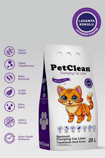 Pet Clean – 20 Litre – Lavanta Kokulu – İnce Taneli – Topaklanan / Tozsuz