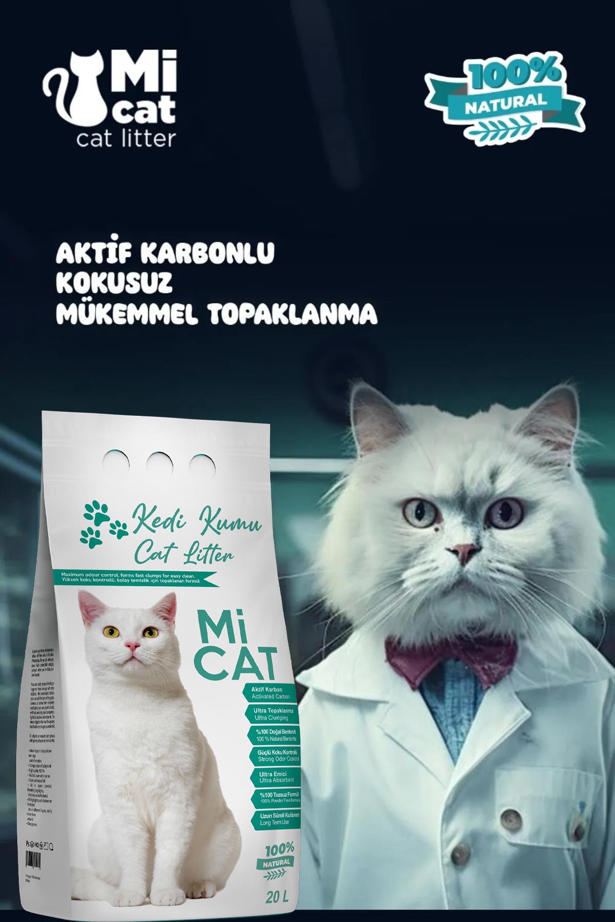 MiCat 20 Litre Aktif Karbonlu Doğal Bentonit Kedi Kumu - Süper Topaklanan