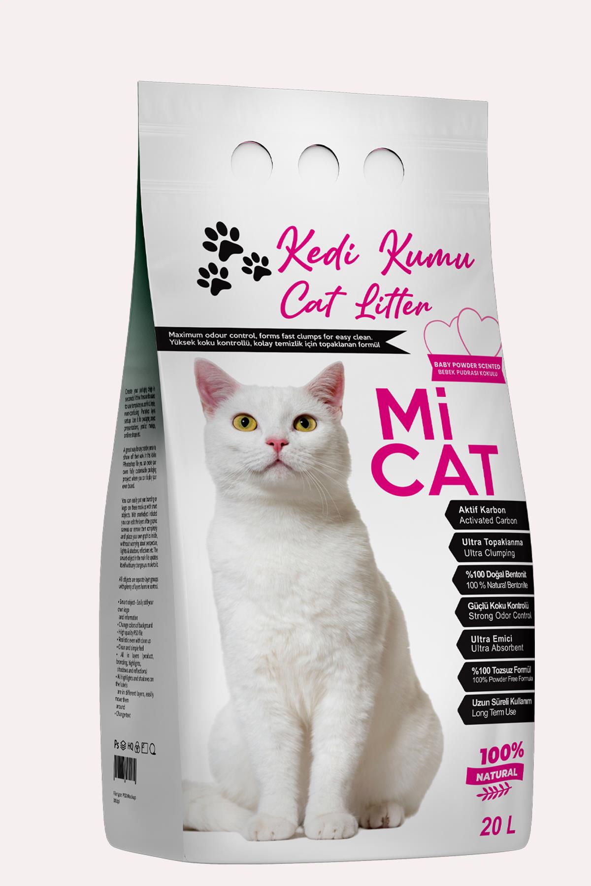MiCat 20 Litre Bebek Pudrası Kokulu Kedi Kumu - Süper Topaklanan, Tozsuz