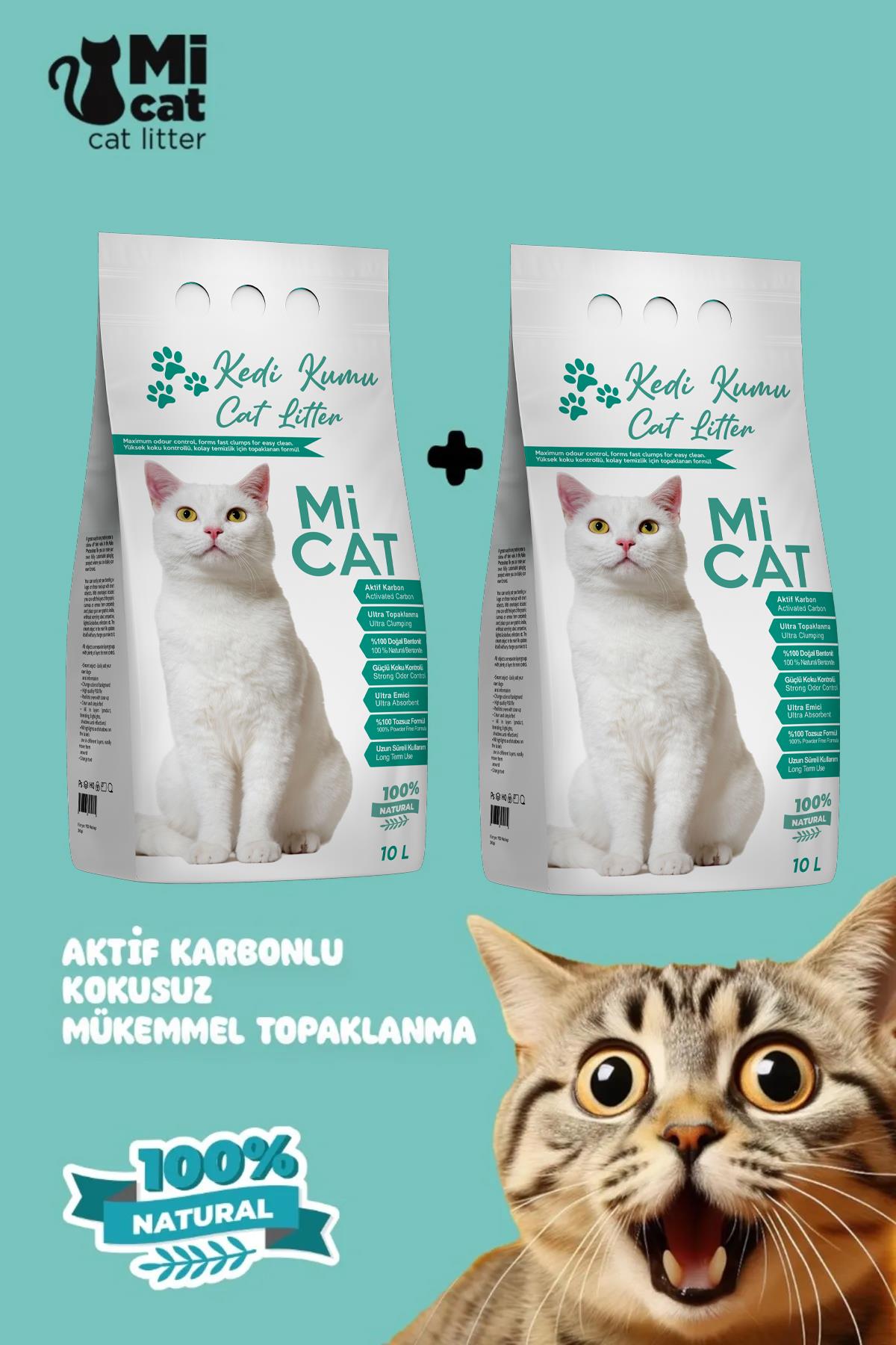 MiCat 2x10 L Aktif Karbonlu Kokusuz Kedi Kumu - Süper Topaklanan, Tozsuz