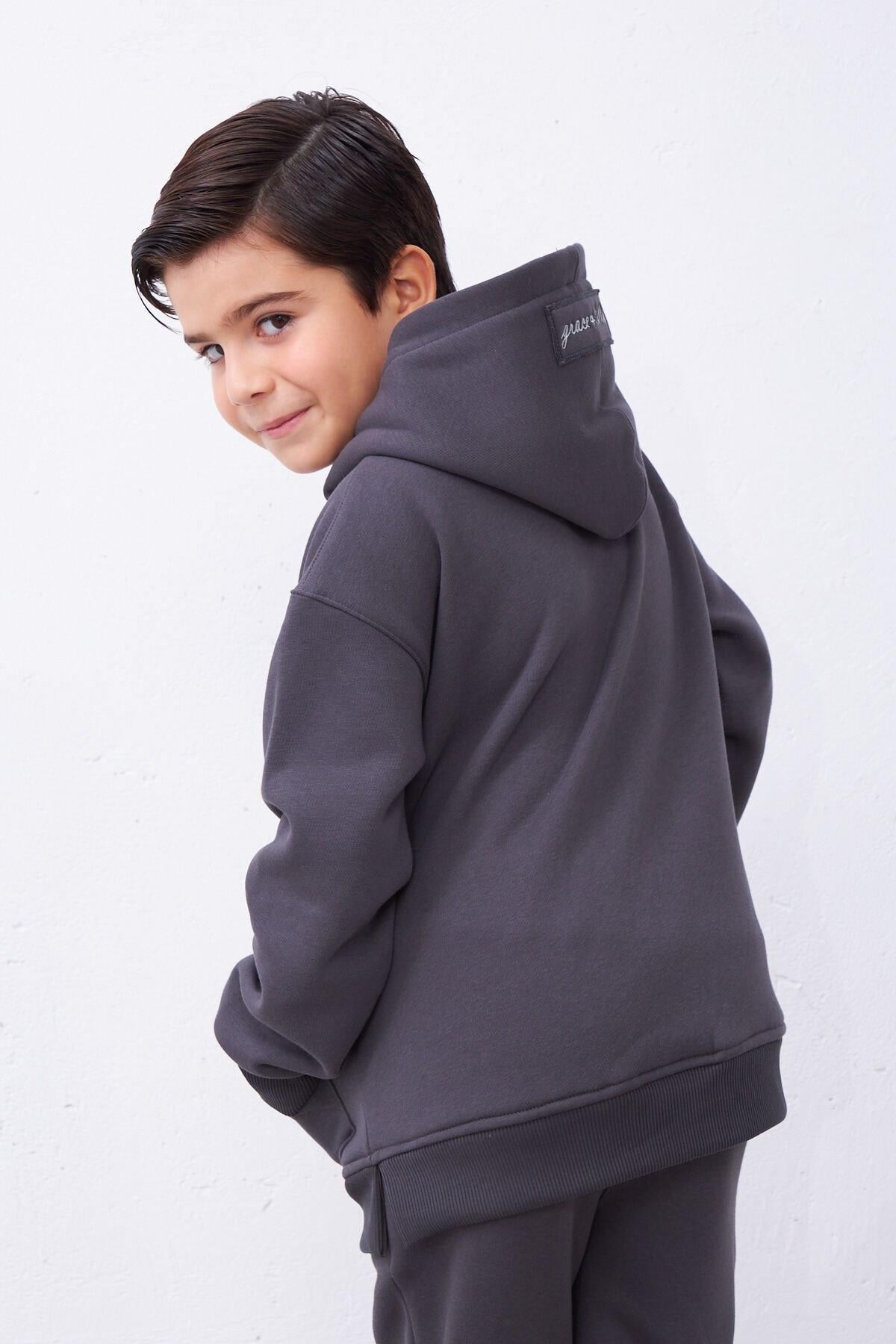 Archie Gri Pamuk Kapşonlu Sweatshirt ve Jogger Çocuk Eşofman Takımı