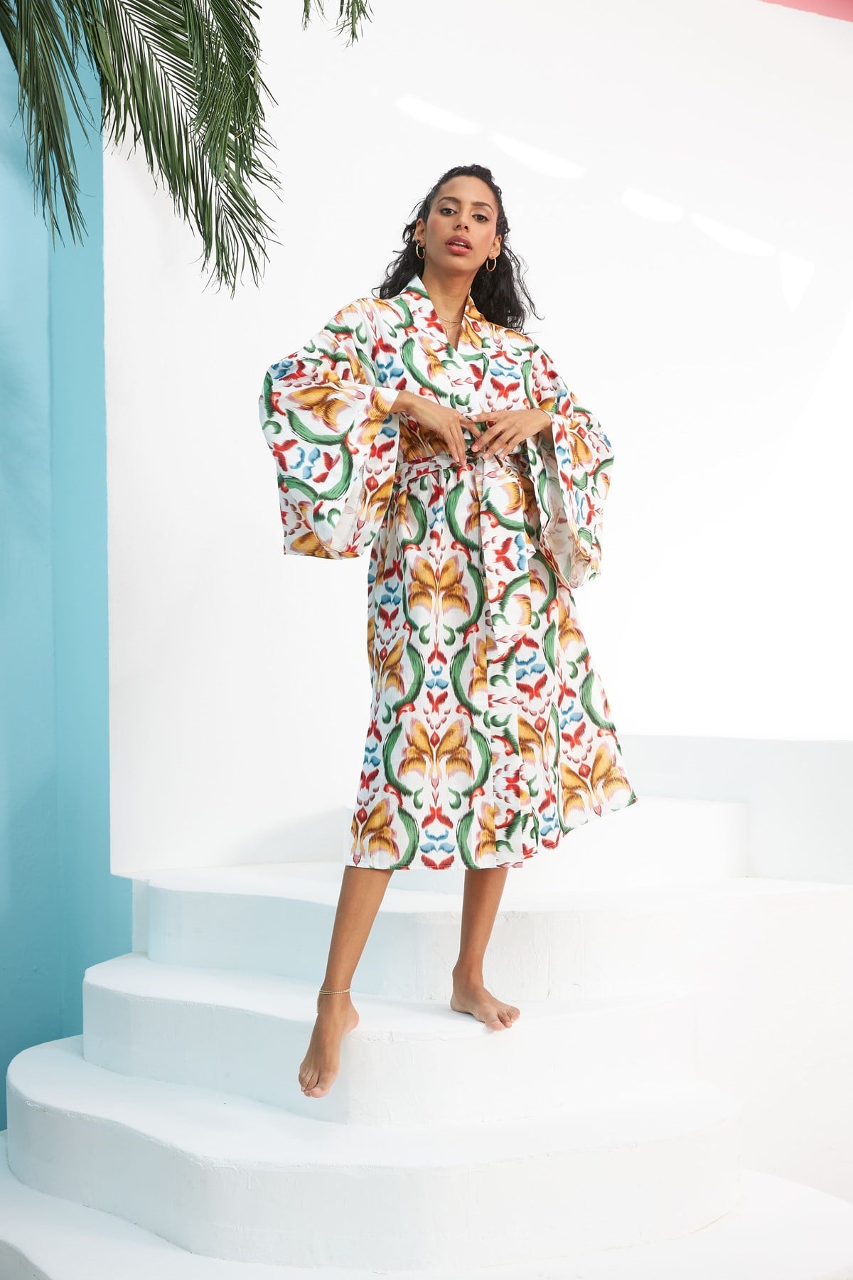 Kali Desenli Pamuk Keten Kimono