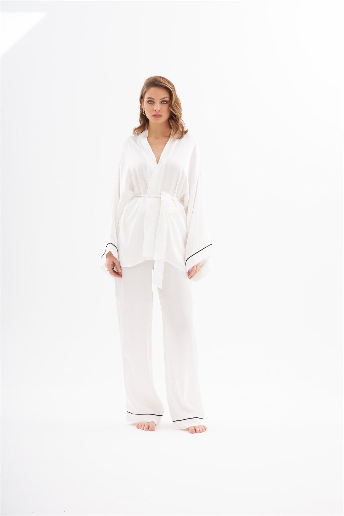 Violet Krem İpek Saten Pijama Takımı