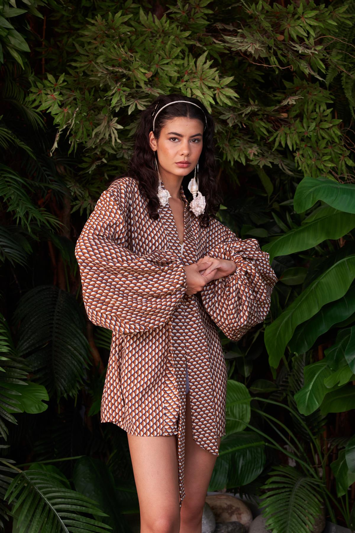 Bodhi Desenli Balon Kollu Bambu Keten Mini Kimono