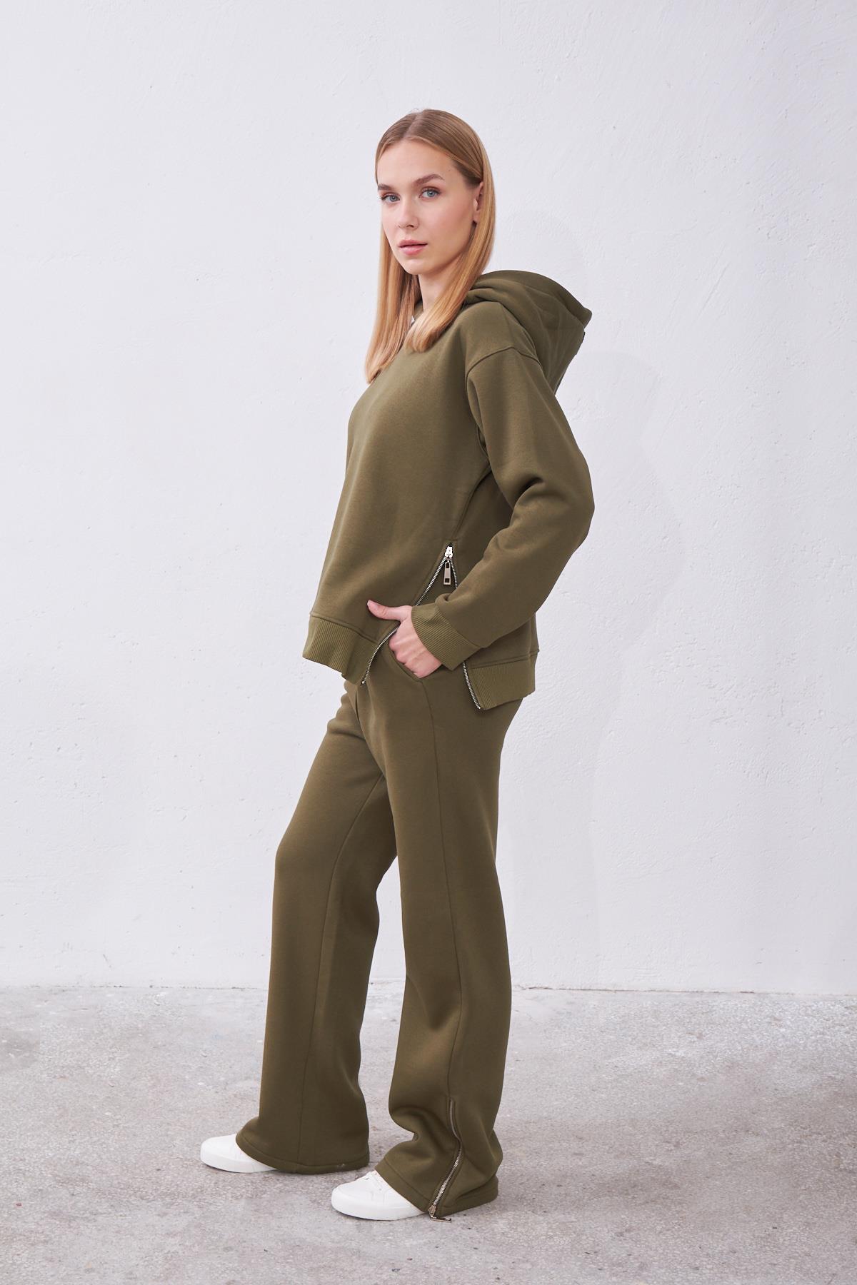 Claire Haki Oversize Pamuklu Kapşonlu Crop Sweatshirt ve Eşofman Pantolon Takım