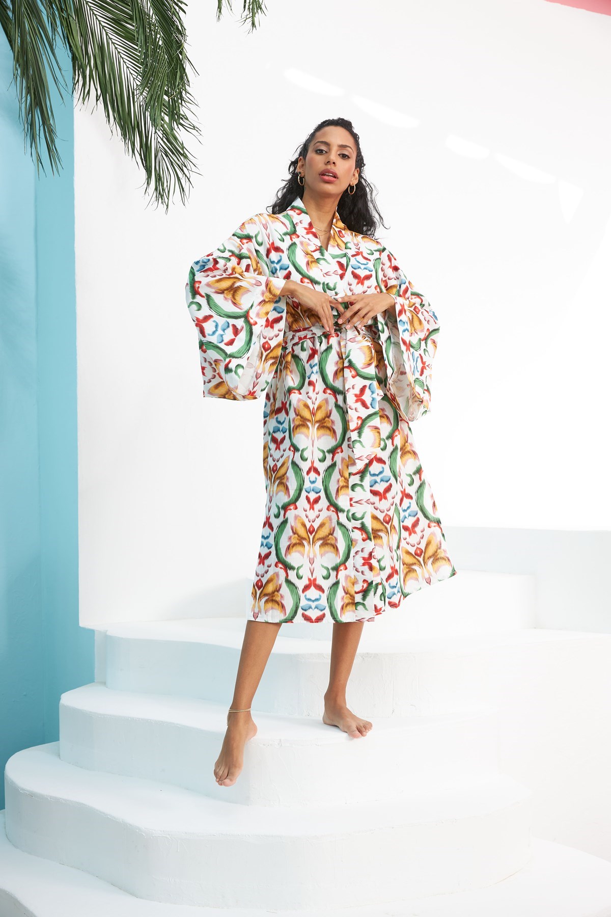 Kali Desenli Pamuk Keten Kimono