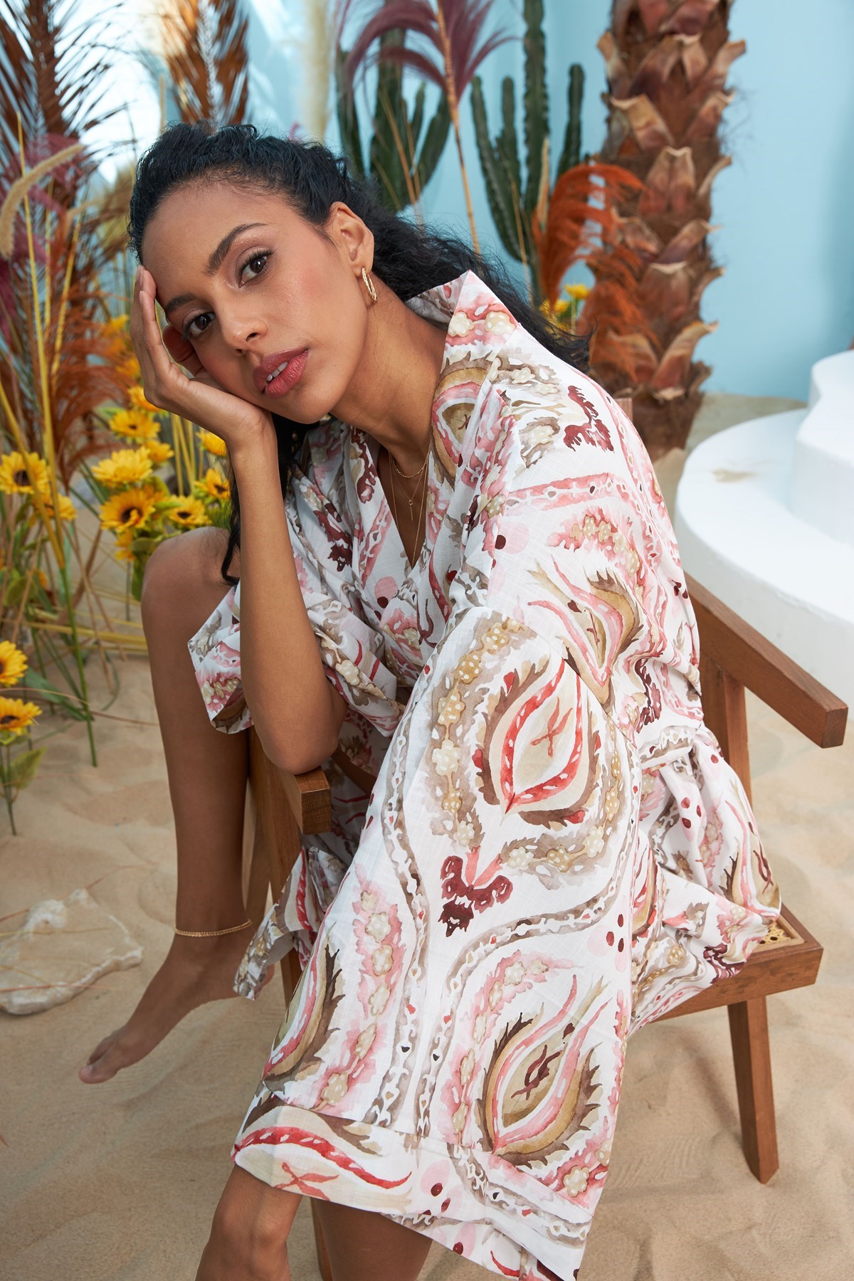 Kali Pembe Damask Desenli Keten Kimono